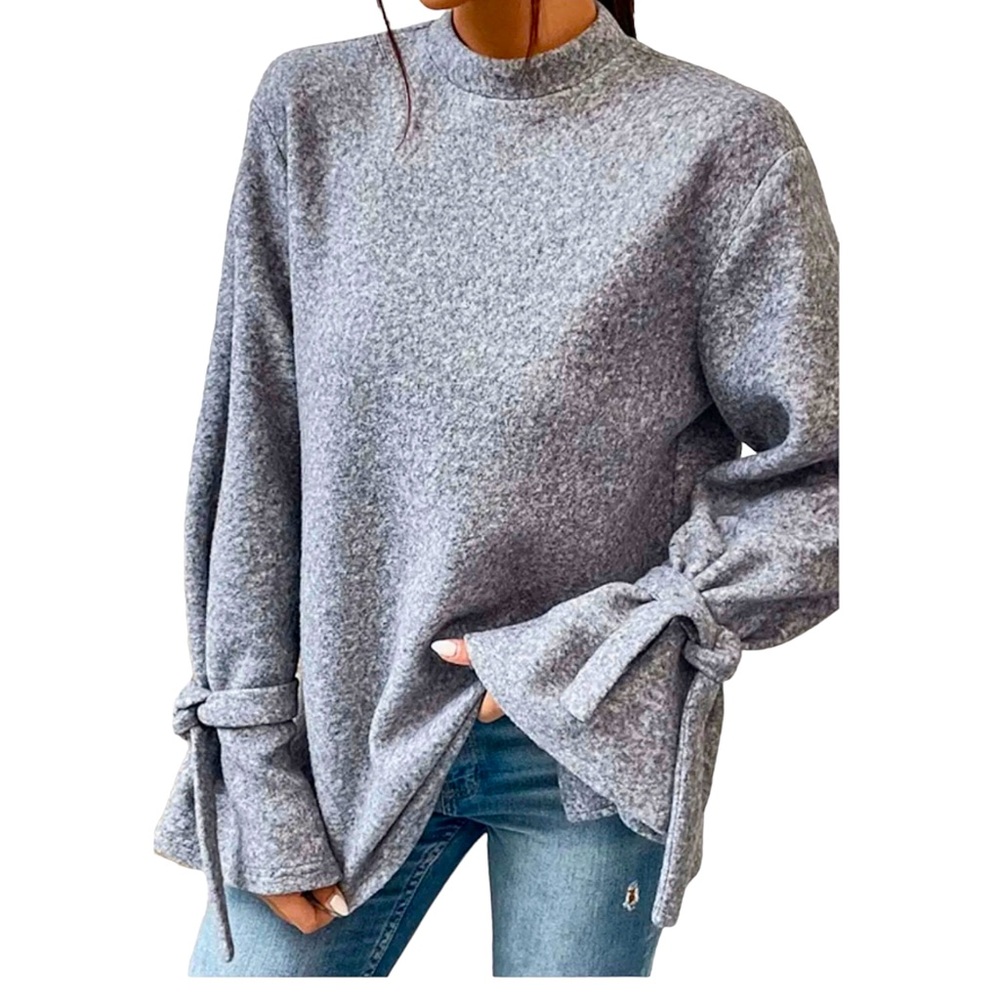 JOA Grey Tie-Cuff Pullover Sweater